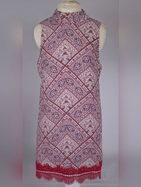 Refashioned Geometric Print Mini Shift Dress with Lace Hem